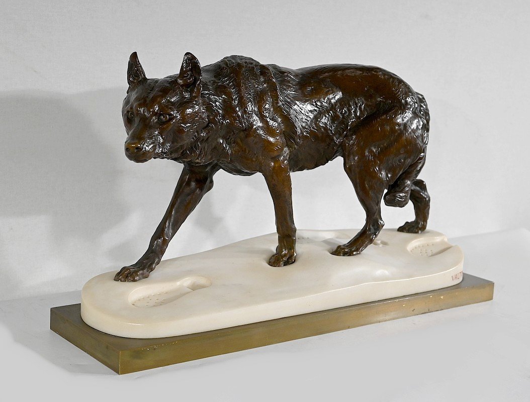 Important Bronze « Loup Marchant Dans La Neige », De C. Valton – Fin XIXe-photo-2