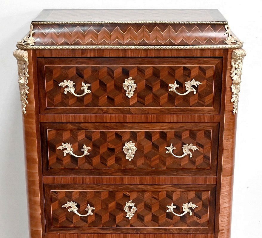 Semainier Secretaire In Precious Wood, Louis XV Style, Napoleon III Period - Mid-19th Century-photo-2