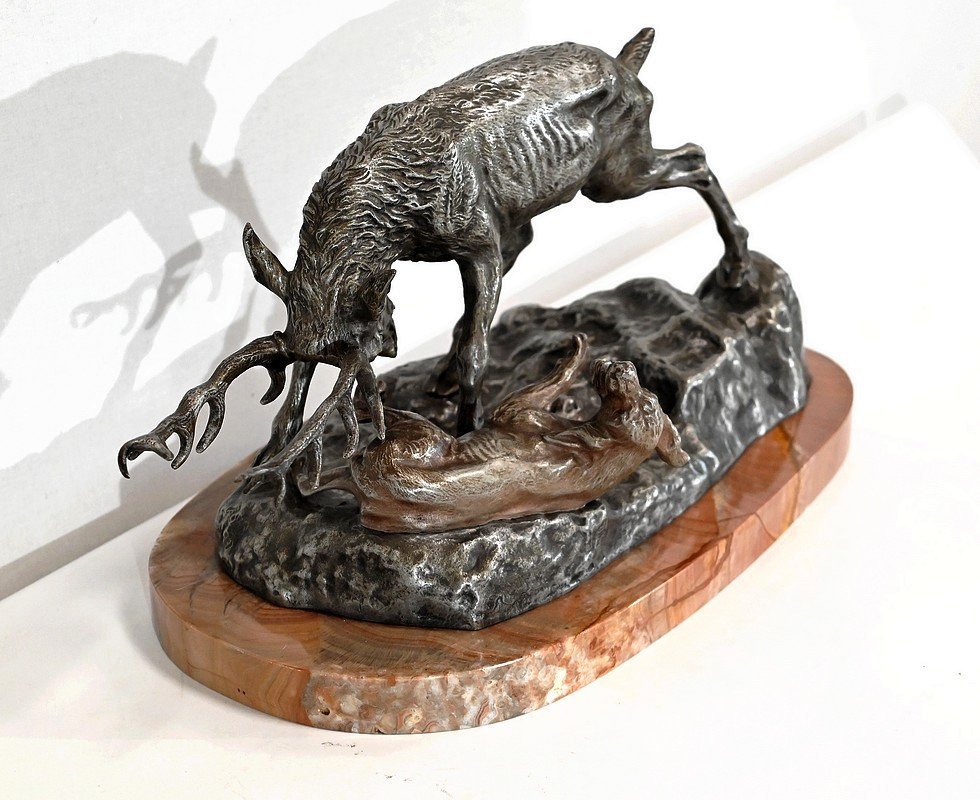 Bronze « Le Cerf Attaquant Un Chien » De T-f. Cartier – Début XXe-photo-2