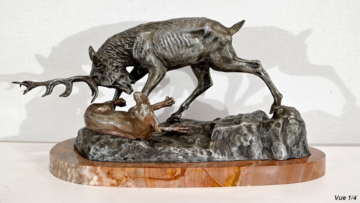 Bronze « Le Cerf Attaquant Un Chien » De T-f. Cartier – Début XXe-photo-4