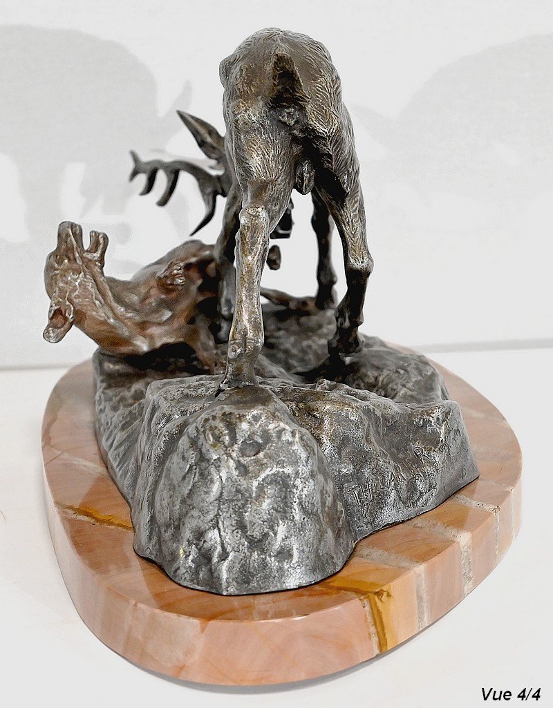 Bronze « Le Cerf Attaquant Un Chien » De T-f. Cartier – Début XXe-photo-7