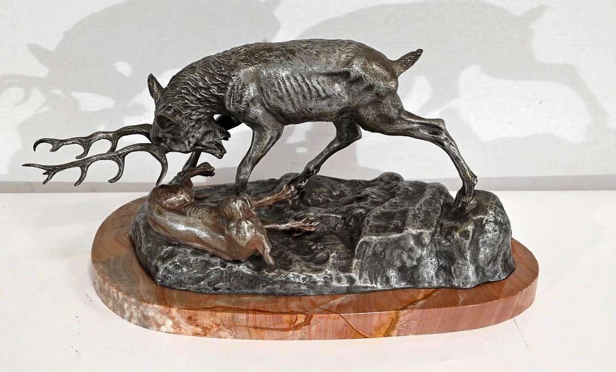 Bronze « Le Cerf Attaquant Un Chien » De T-f. Cartier – Début XXe