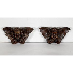 Pair Of Cherubs In Carved Wood - Late Nineteenth