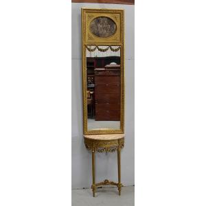 Trumeau Mirror And Half-moon Console Set, In Golden Wood - Late Nineteenth