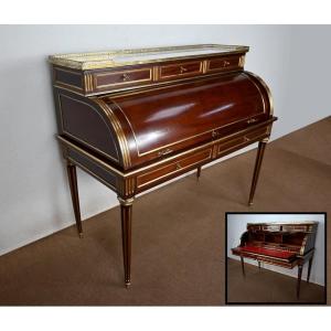 Important Cylinder Desk In Mahogany, Louis XVI Style, Napoleon III Period - 2nd Half Nineteenth