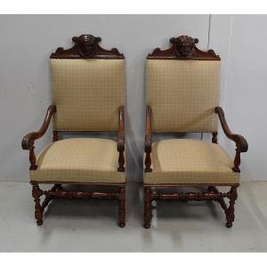Pair Of Armchairs In Light Oak, Louis XIII / Louis XIV Style - Early 20th Century