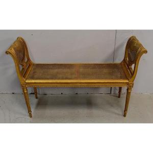 Petite Banquette En Bois Doré Et Cannage, Style Louis XVI - 1900