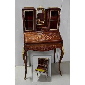 Small Secretaire Bonheur Du Jour, In Rio Rosewood Veneer, Napoleon III Period - Nineteenth