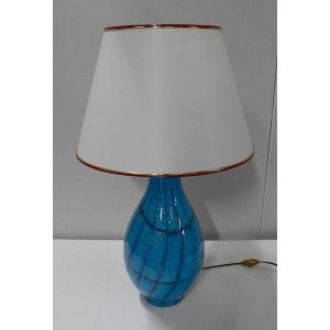 Lamp With White Shade And Blue Glass Foot - 1940/1960