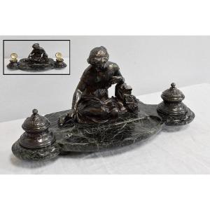 Double Inkwell In Silver Bronze On Sea Green Marble - 1900