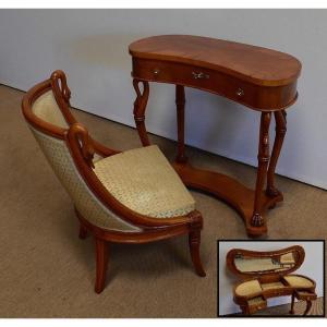 Small Kidney Dressing Table And Its Armchair In Cherry Wood - 1950