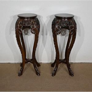 Pair Of Large Asian Rosewood Sellettes - Twentieth