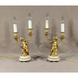 Pair Of Candlesticks In Gilt Bronze, Louis XVI Style - Nineteenth