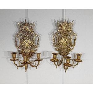 Important Pair Of Wall Lights With 3 Branches In Gilt Bronze, Napoleon III - Mid-19th Century