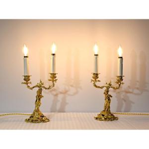 Pair Of Candlesticks In Gilt Bronze - Late Nineteenth