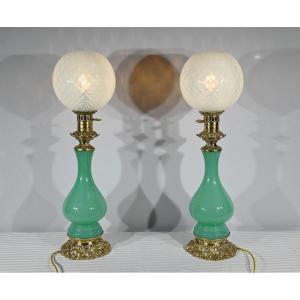 Pair Of Opaline And Bronze Lamps - Late Nineteenth