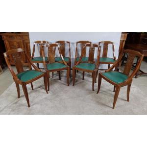 Suite De 8 Chaises Gondoles En Noyer Massif, Art Déco - 1930