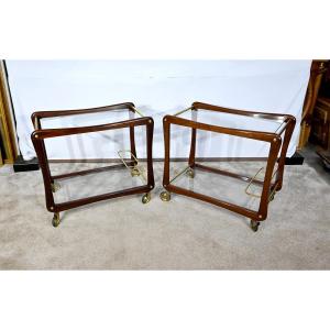 Pair Of Rolling Serving Tables In Solid Mahogany, Glass And Brass - 1960s