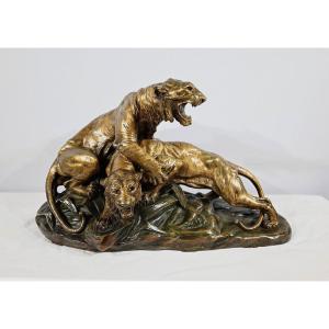 Groupe En Bronze « Combat De Tigres», Signé E. Drouot – Fin XIXe