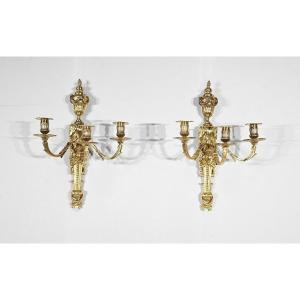 Paire D’appliques En Bronze Doré, Style Louis XVI – Milieu XIXe