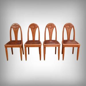 Set Of 4 Stained Beech Chairs, Art Deco – 1910