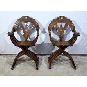 Pair Of Syrian Savonarola Walnut Armchairs – Late 19th Century