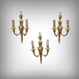 Set Of 3 Gilt Bronze Wall Sconces, Louis XVI Style – Mid-19th Century