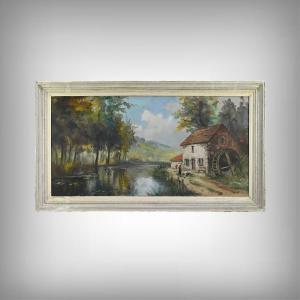 Large Painting "the Mill", Signed Reney – Part 1, 20th Century