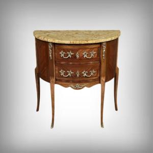 Petite Commode Sauteuse Demi-lune en Marqueterie, style Transition Louis XV Louis XVI – XXe