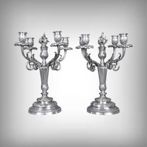 Pair Of Silvered Bronze Candelabra, Louis XVI Style – Late 19th Century