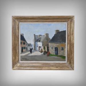 Tableau « Scène de Village », Huile sur Toile, signé H. Albert – 1re partie XXe