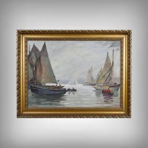 Tableau « Voiliers sur Mer Calme », Huile sur Toile, signé C. Bustad – 1928