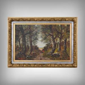 Important Tableau « Promenade dans le sous-bois », Huile sur Toile, signé L. Gourdon – 1896