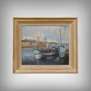 Tableau « Thoniers à Quai », Huile sur panneau, signé G. Boulard – Milieu XXe