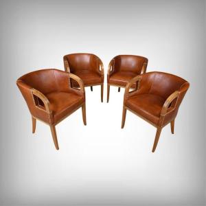 Set Of 4 Walnut And Leather Armchairs, Art Deco – 1940