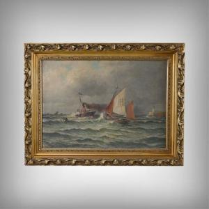 Painting Titled “entering The Harbor In Rough Seas,” Oil On Canvas, Signed C. Demont – Early 20th Century