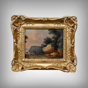 Painting “path Leading To The Sea,” Oil On Panel, In The Style Of Jean Pillement – Fin