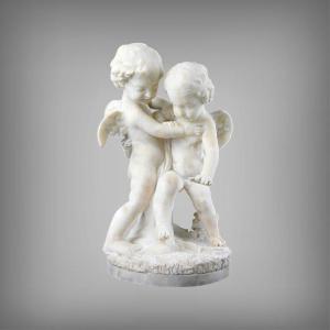 Sculpture En Albâtre « Deux Amours Se Disputant Un Cœur », D’après Falconet – 2ème Partie XIXe