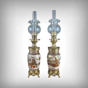 Pair Of Satsuma Porcelain And Bronze Kerosene Lamps, Japan – Late 19th Century