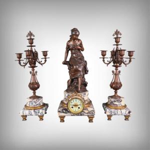 Garniture de Cheminée en Marbre & Régule signé A. Moreau – Début XXe