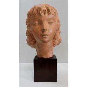 Terracotta Bust Of A Young Girl, Art-deco, By Jc Guéro - Early Twentieth