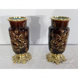 Paire De Vases En Faïence Et Bronze, De E. Gilles – 2ème Moitié Du XIXe