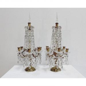 Pair Of Girandoles With 6 Branches In Crystal And Bronze, Napoleon III Period - 1st Part Nineteenth