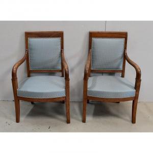 Pair Of Armchairs In Solid Light Walnut, Directoire Period - Late 18th Century - Early 19th Century