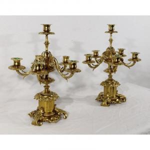 Pair Of Candelabra With 6 Lights In Bronze - Late Nineteenth