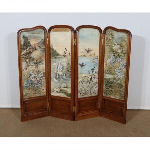 Small Screen Four Leaves In Painted Silk And Solid Walnut - 1900