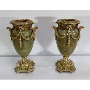 Important Pair Of Vases In Onyx And Bronze, Louis XVI Style - 2nd Part Nineteenth