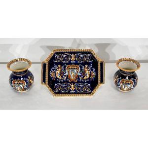 Tray And Vases In Gien Earthenware, Renaissance Style - Early Twentieth
