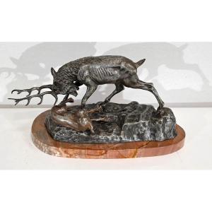 Bronze « Le Cerf Attaquant Un Chien » De T-f. Cartier – Début XXe