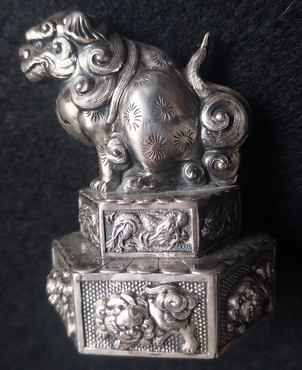 SALIERE EN ARGENT CHIEN DE FO CHINE POUR L'EXPORT XIXème-photo-2